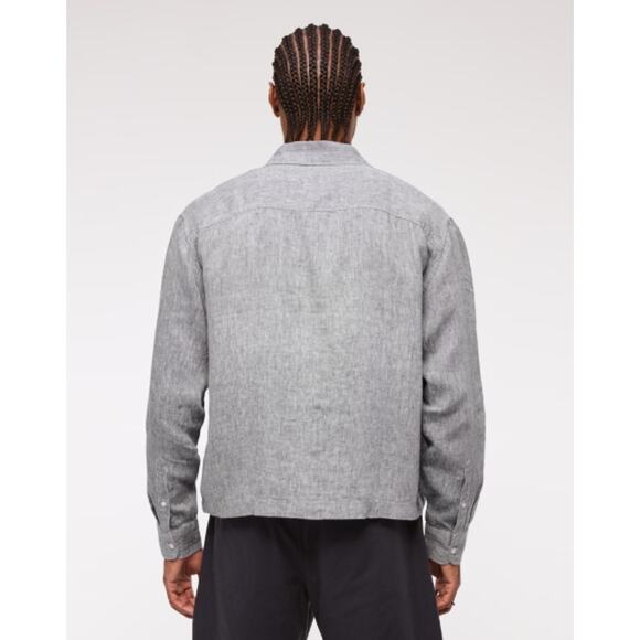 The A & F Linen Collection SZ XL Cropped Linen Button-Up Shirt In Chambray - Picture 3 of 7